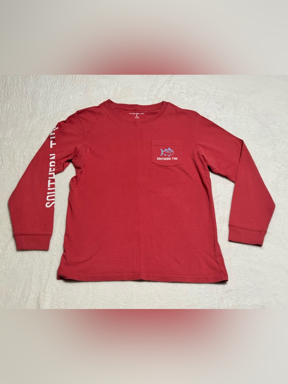 Southern Tide Red Long Sleeve Pocket Tee with Sleeve Logo